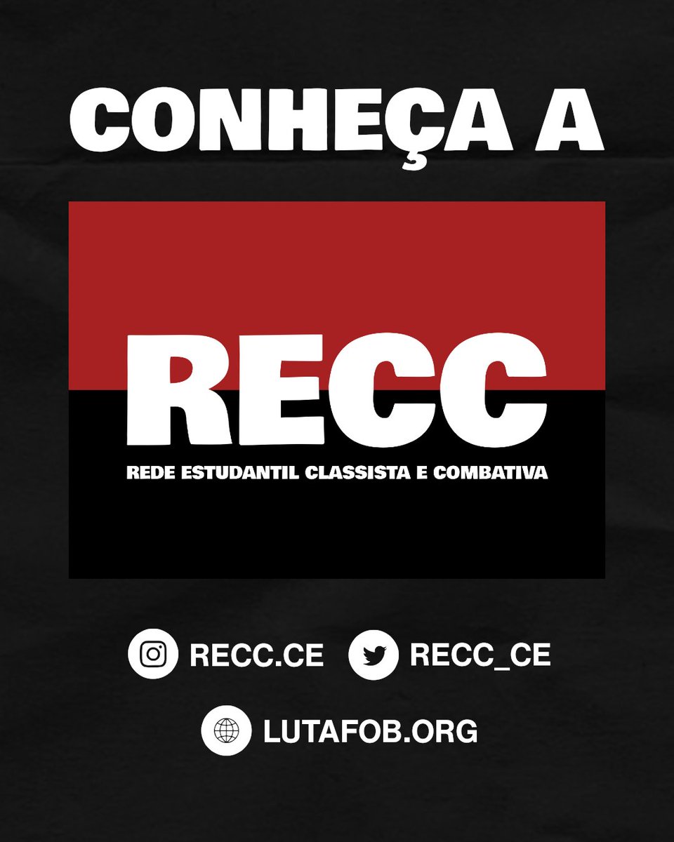 RECC_CE's tweet photo. Conheça a RECC!

- Quem somos?

A Rede Estudantil Classista e Combativa é uma organização estudantil fundada em 2009 que luta pelos direitos e interesses dos estudantes e por uma educação a serviço do povo. (01/10) https://t.co/h8HKN4yVON