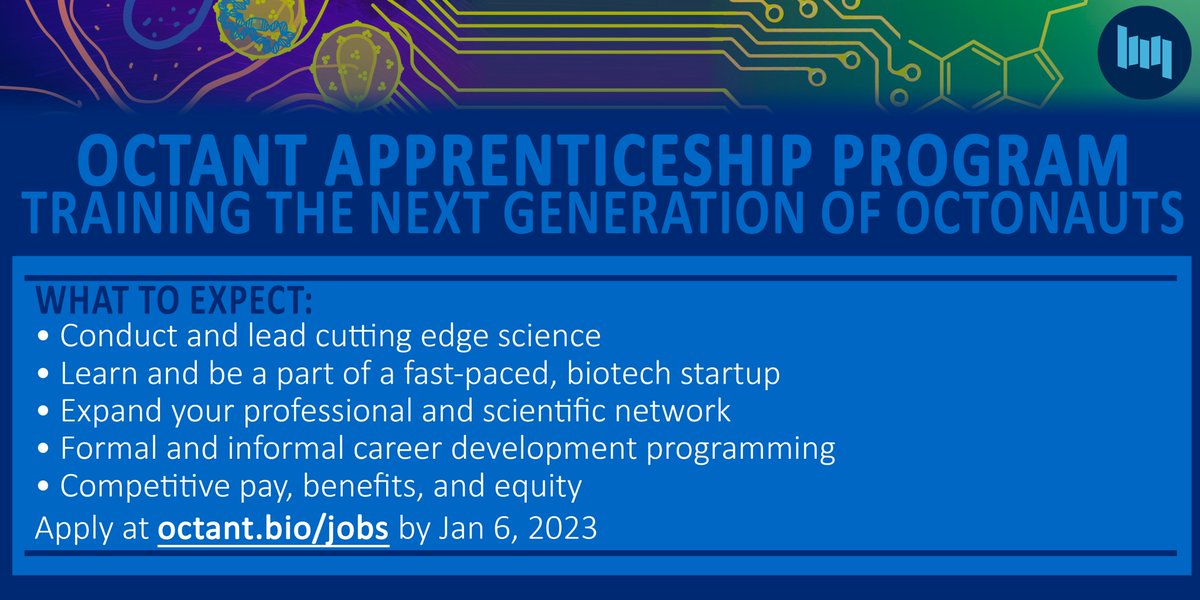 Applications are now open for the Octant Apprenticeship program! It's a one-year, full-time research experience in chemistry, multiplexed assays, bioinformatics and synthetic biology. Be a part of a fast-paced, biotech startup with us!  Apply here: octant.bio/jobs