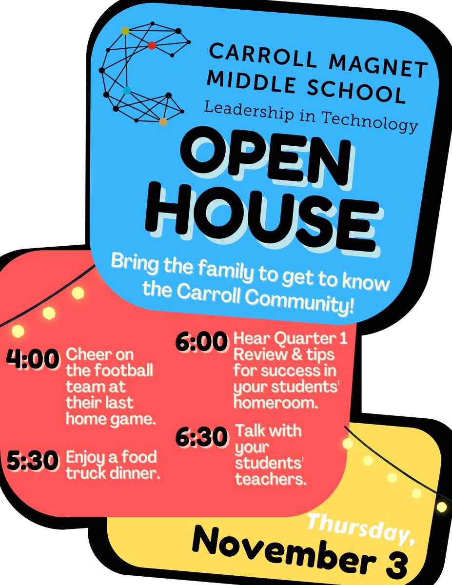 CMMSCougars's tweet image. 📆Mark Your Calendars for an evening of learning, community, and fun on November 3, 2022. 

🏈4:00 Gooooooo Cougars
🚚5:30 Food Truck Dinner
💻6:00 Presentation in Homerooms
👨🏽‍🏫6:30 Get to Know the Teachers