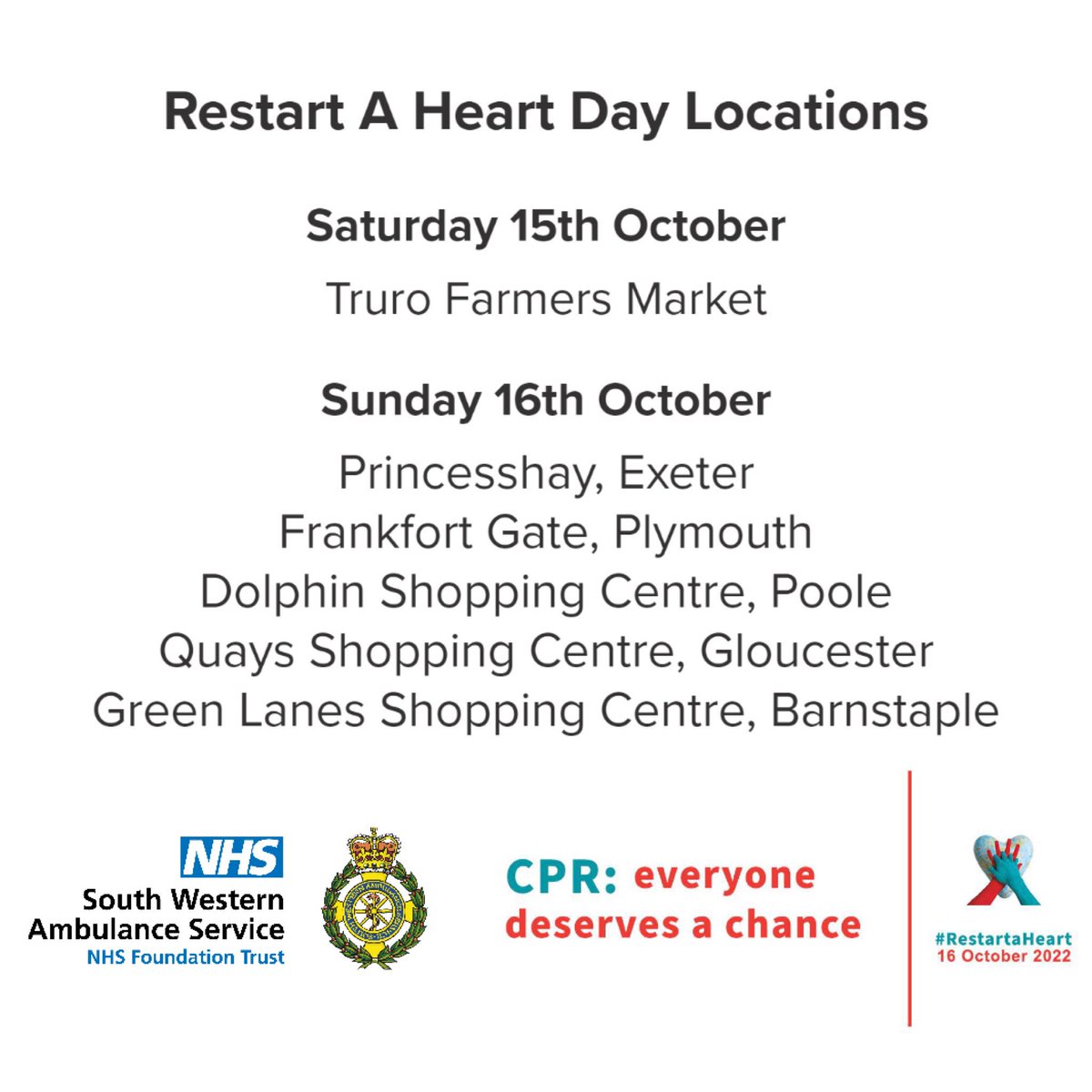 swasFT's tweet photo. #RestartAHeart day is almost here! 

On Sunday 16th October #TeamSWASFT will be on hand offering FREE #CPR training to the public, joining thousands of other healthcare workers to help improve public awareness of cardiac arrests.

Join us at one of the locations below 🔽 https://t.co/EBqxkeCmwP