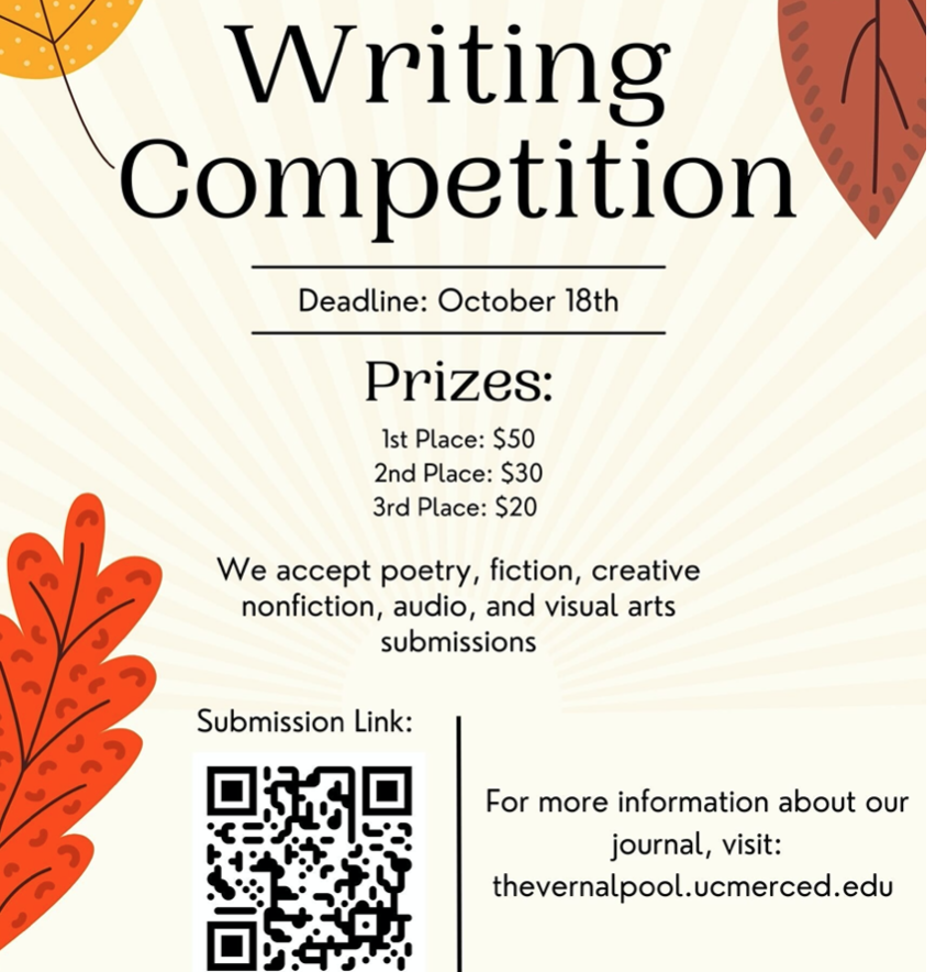 UCMMWP's tweet photo. UC Merced's Undergraduate Creative Arts Journal is accepting submissions for their annual writing competition! Poetry, fiction, creative nonfiction, audio, and visual arts! Deadline is Tuesday, October 18! Don't miss out! @vernalpool_ucm #ucmerced #ucmercedwrites #writing #mwp https://t.co/RUMuMWf8Cy