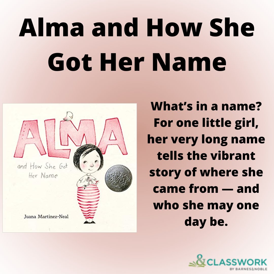 bn_classwork's tweet photo. @JoannaHoWrites @HarperChildrens @BNBuzz @sethmeyers @penguinkids @ciara @DangeRussWilson @randomhousekids @VikingBooks @judyschachner @UnionSquareKids @The_Pigeon @Meg_Medina @Candlewick @SimonKIDS @monicabrownbks @yuyimorales Happy Wednesday! Today's #SELSpotlight is all about names and where they come from. Alma thinks her name is too long and as she hears the story of her name, Alma starts to think it might be a perfect fit after all — and realizes that she will one day have her own story to tell. https://t.co/2Lf9DiYdny