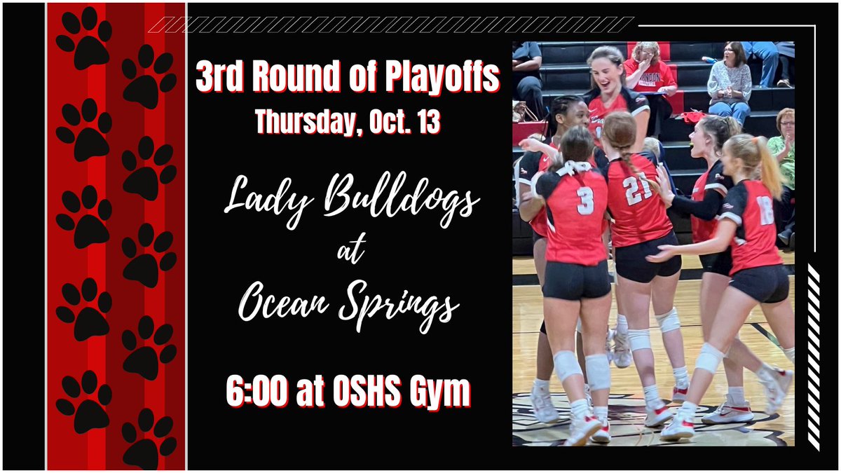 BHSVolleydogs11's tweet photo. Calling all ROAD DOGS! The Lady Bulldogs need your support Thursday, Oct. 13 at 6:00pm at Ocean Springs High School for the 3rd Round of MHSAA 6A Volleyball Playoffs! #takethetowel #missionrepeat @BrandonBulldogs https://t.co/4DGaJD9pix