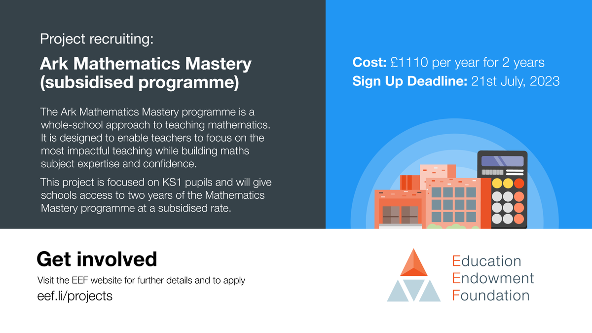 🧮 Register your primary school to deliver <a href="/ArkCurriculum/">Ark Curriculum Plus</a>’s Maths Mastery Programme at a subsidised rate!

Find out more: eef.li/projects

#Maths