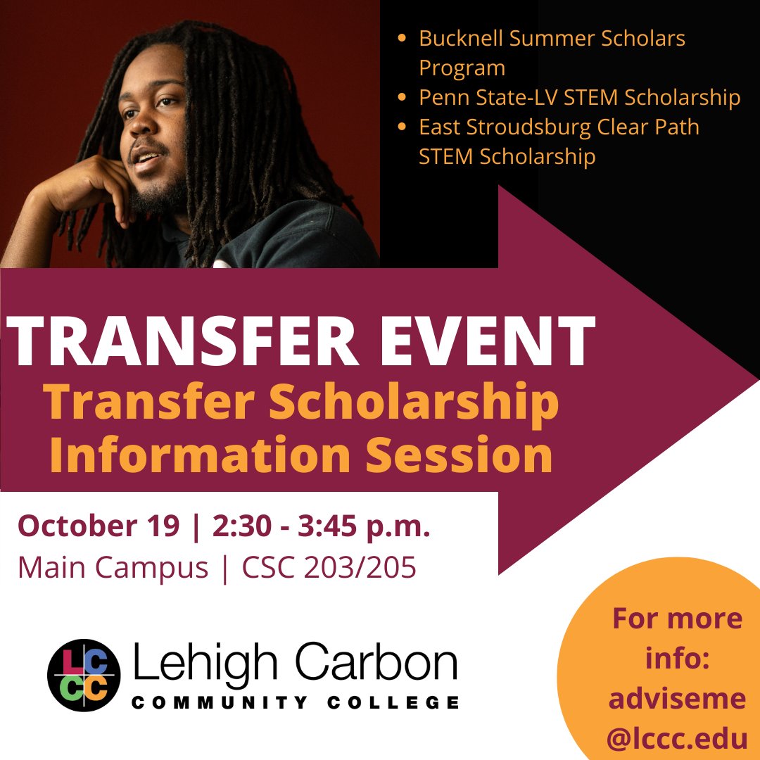 LehighCarbonCC's tweet image. Students can benefit from many transfer scholarships when looking for a transfer school! Come to our Transfer Scholarship Information Session to learn more. Find more info at [LINK]: lccc.edu/links.

#LehighCarbonCC #TransferEvent #TransferScholarships