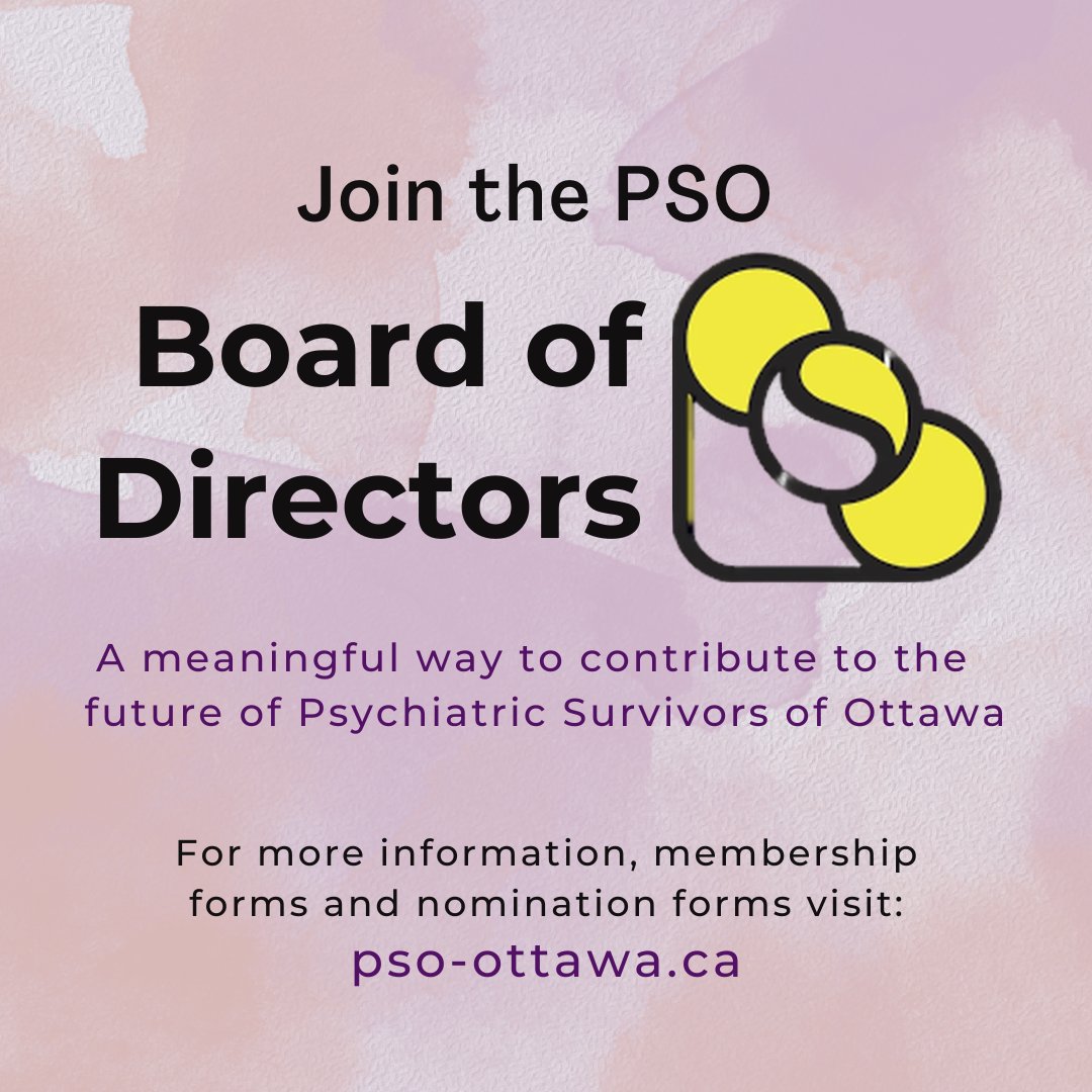 Psychiatric Survivors of Ottawa is currently recruiting new members of our Board of Directors. If you are a person with lived experience with mental health/substance use, consider joining us! Deadline for nominees is October 25th 2022. 

ow.ly/9UVi50KNVB3 for details