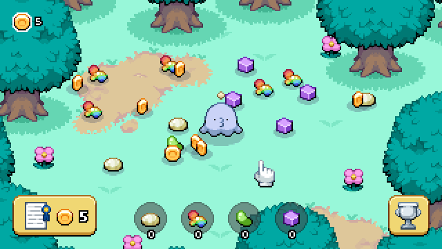 screenshot of a tamagotchi-like pet surrounded by coins and candy