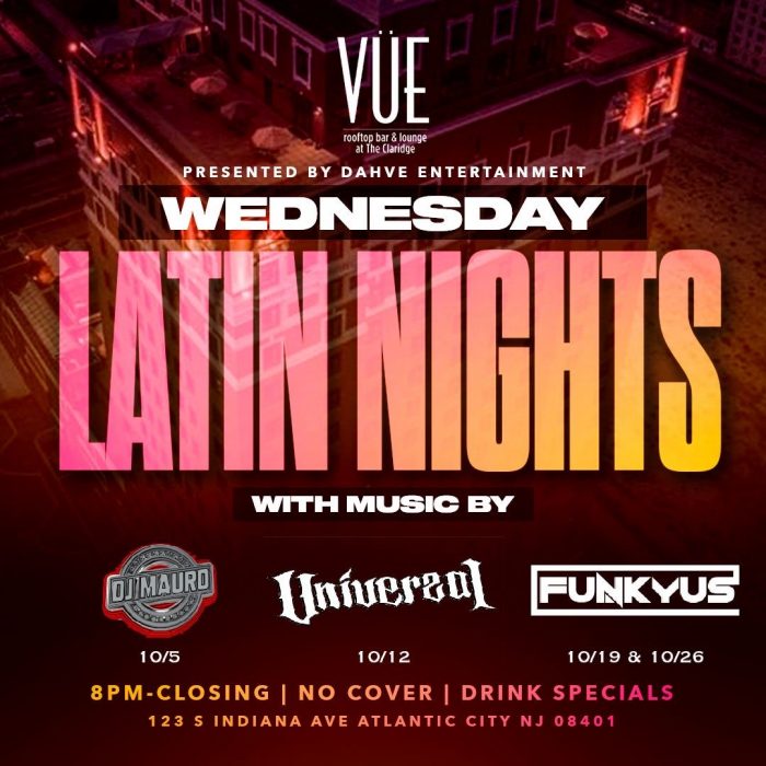 Feel the heat of Latin Nights every Wednesday in October at The VÜE Rooftop Bar & Lounge! 💃 *Free garage self-parking with a $75 spend in our food and beverages venues (not valid for valet parking).