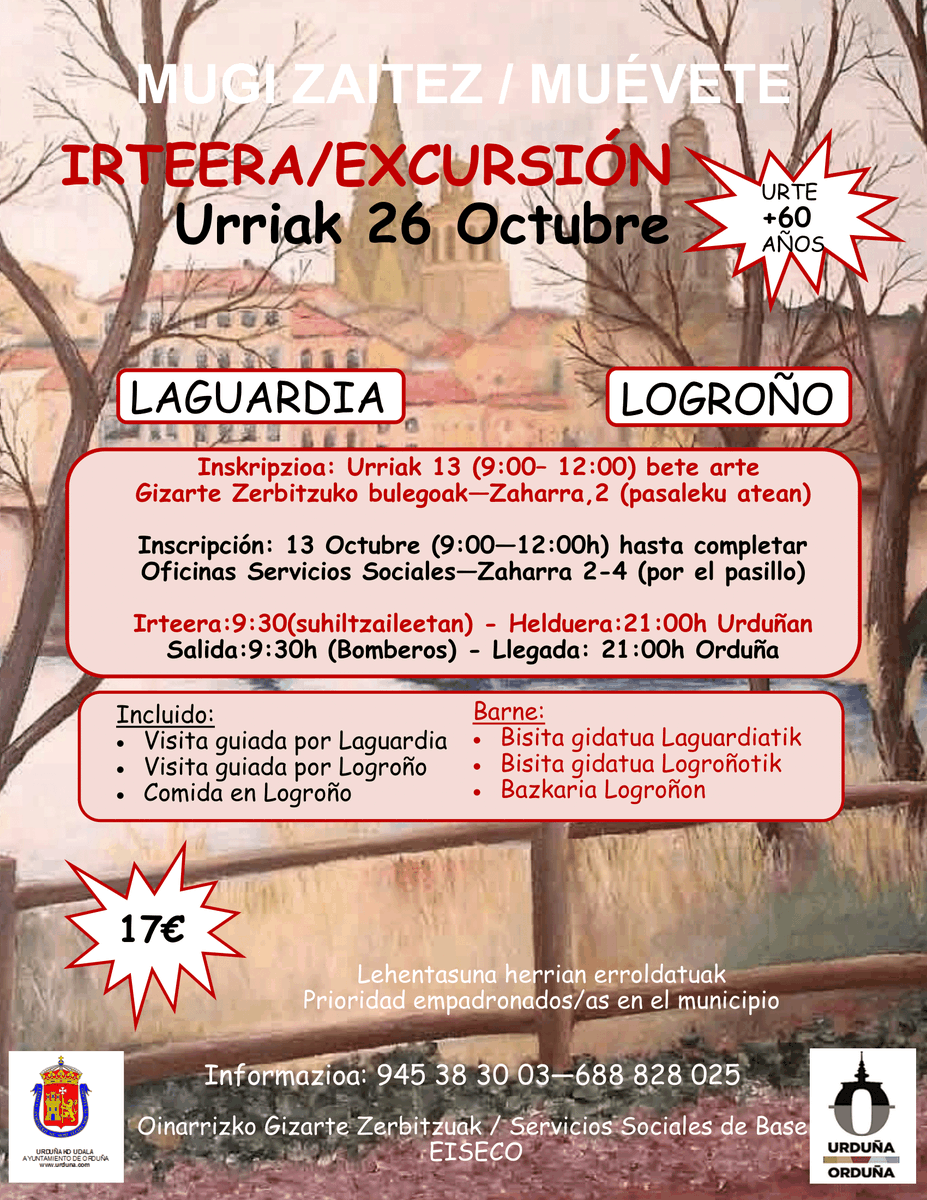 urdunakoudala's tweet photo. 👀😍➡ 'Mugi Zaitez! ¡Muévete!' programaren barruan Laguardia eta Logroño ezagutu nahi? Eman izena urriaren 26ko #txango-an

📣‼ Gaur dira izen-emateak: 09:00etatik 12:00etara, Zaharra, 2 helbideko bulegoetako atzealdean

Informazio gehiago 👉 https://t.co/s6MePVCeHO https://t.co/9t2T8P8k9L