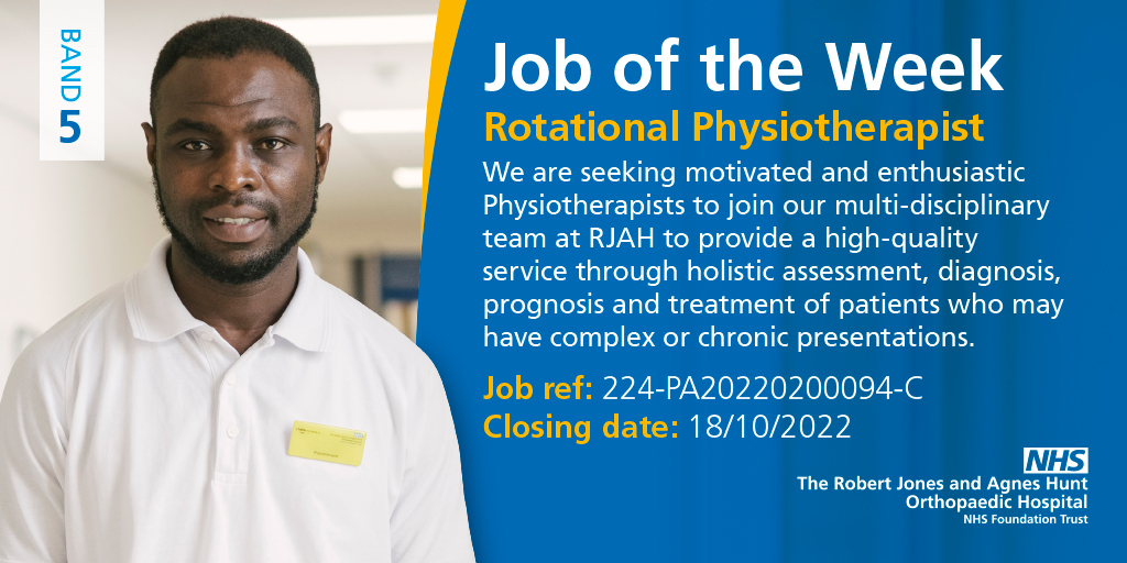 RJAH_NHS's tweet photo. We're currently recruiting for Rotational Physiotherapists. More here: https://t.co/ujdEwTDaid

The successful candidates will work across a range of specialties including Orthopaedics, General Medicine, MSK Outpatients, Paediatrics and the Midlands Centre for Spinal Injuries. https://t.co/jGyXw4ooHX