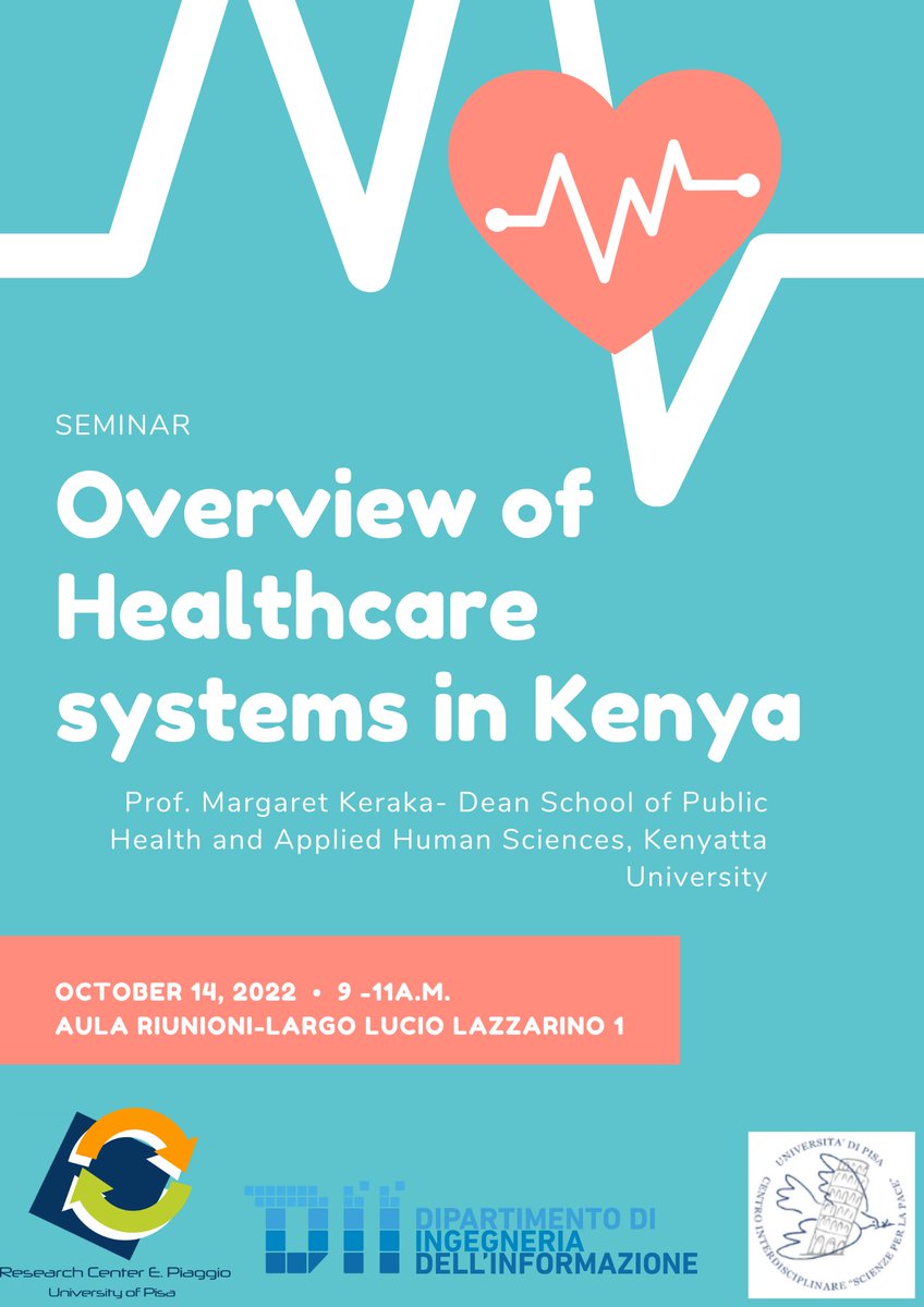 CentroPiaggioUniPisa (@cpiaggiounipisa) on Twitter photo 😍 Prof. Margaret Kerakal Dean School of Public Health and Applied Human Sciences, Kenyatta University will give a Seminar this Friday!
🤓The topic is the healthcare system in Kenya!
<a href="/DII_Pisa/">DII - UniPisa</a> <a href="/Scienzepace/">Scienze per la pace</a> <a href="/Unipisa/">Università di Pisa</a> 😍 Prof. Margaret Kerakal Dean School of Public Health and Applied Human Sciences, Kenyatta University will give a Seminar this Friday!
🤓The topic is the healthcare system in Kenya!
<a href="/DII_Pisa/">DII - UniPisa</a> <a href="/Scienzepace/">Scienze per la pace</a> <a href="/Unipisa/">Università di Pisa</a>