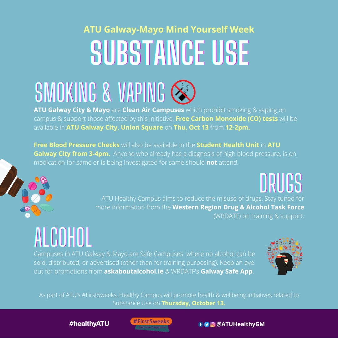 ATUHealthyGM's tweet photo. We're closing out @atugalwaycityss #First5weeks Mind Yourself Wk with a focus on Substance Use. @atu_ie students &amp; staff can avail of free carbon monoxide &amp; blood pressure checks @ATU_GalwayCity 2morow❤️Reminder: @ATU_GalwayCity @ATU_GALWAY_SDCA @ATU_Mayo are Clean Air Campuses🚭 https://t.co/DDz1yGkRea