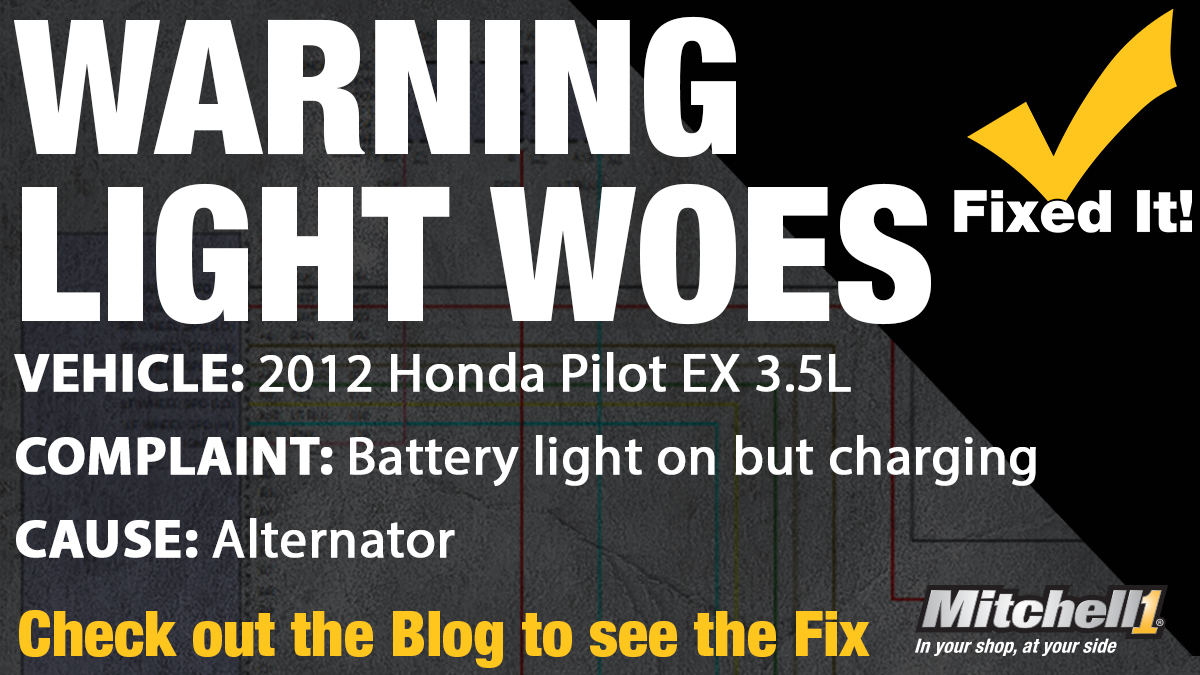 Mitchell1's tweet photo. 🚨🛠️ The latest #SureTrack #RealFix is here:WARNING LIGHT WOES What do you do when your customer's 2012 #Honda #Pilot EX 3.5L has its #battery light on but is charging? Check out how the technician came to this fix here: https://t.co/7NUfO8f5SJ https://t.co/YuKcsD0dXZ