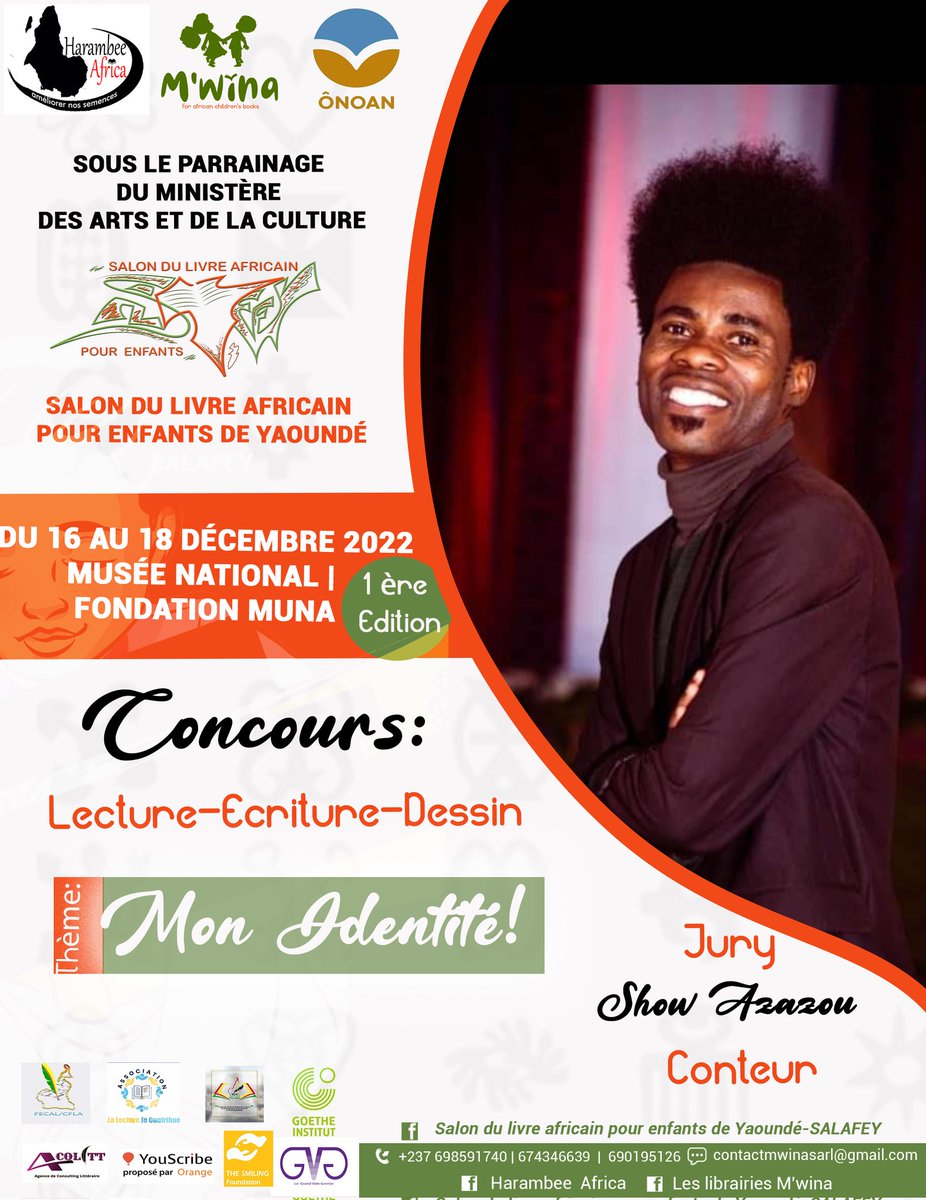 Nadine_Mek's tweet photo. Salon du livre africain pour enfants de Yaoundé -SALAFEY : Concours !
#Show_Azazou, célèbre conteur africain sera le Coach des petits lecteurs en compétition.
Visitez notre page Facebook pour découvrir son parcours : https://t.co/77OMjJTwQf
#SALAFEY https://t.co/rDxm6VY32T