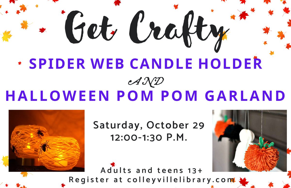 ColleyLibrary's tweet image. Sign up to create some fun seasonal crafts with the Colleyville Public Library&apos;s October Get Crafty session. All supplies will be provided to make both crafts. Register online to secure your spot! For more information, visit our website or call, 817-503-1150.