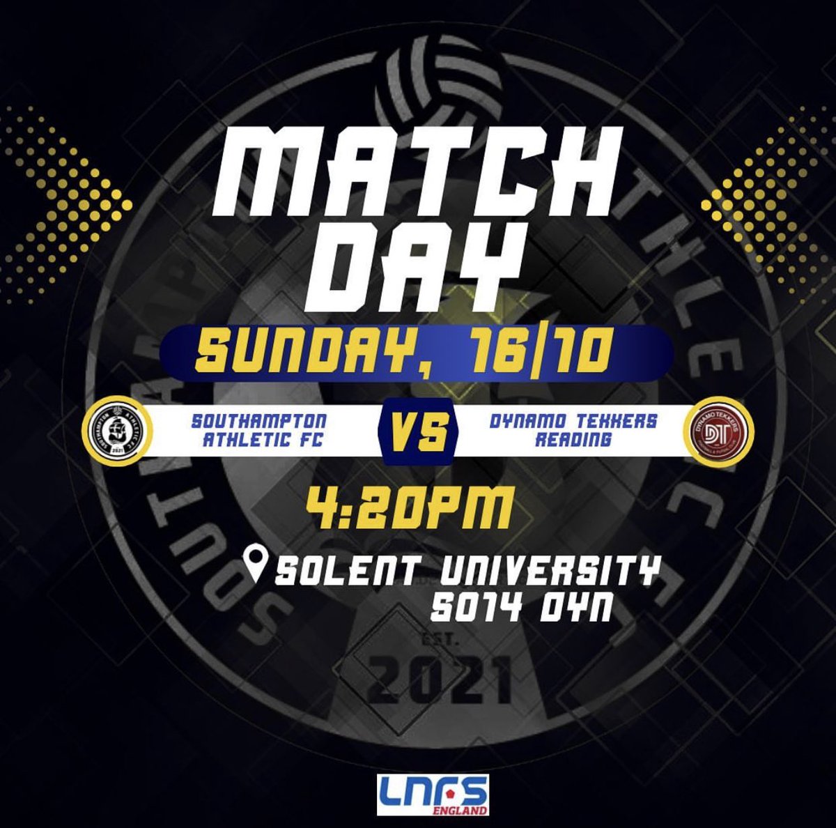 🟡🔵 𝔾𝔸𝕄𝔼 𝔸ℕℕ𝕆𝕌ℕℂ𝔼𝕄𝔼ℕ𝕋 🔵🟡

We host our first home game for the Season 2022-2023 for @LNFSengland this 𝐒𝐔𝐍𝐃𝐀𝐘, 𝟏𝟔/𝟏𝟎/𝟐𝟎𝟐𝟐 at 𝟒:𝟐𝟎𝐏𝐌 vs @DynamoReading 

📍Solent University, Southampton

Come watch us play!

#uk #futsaluk #southampton