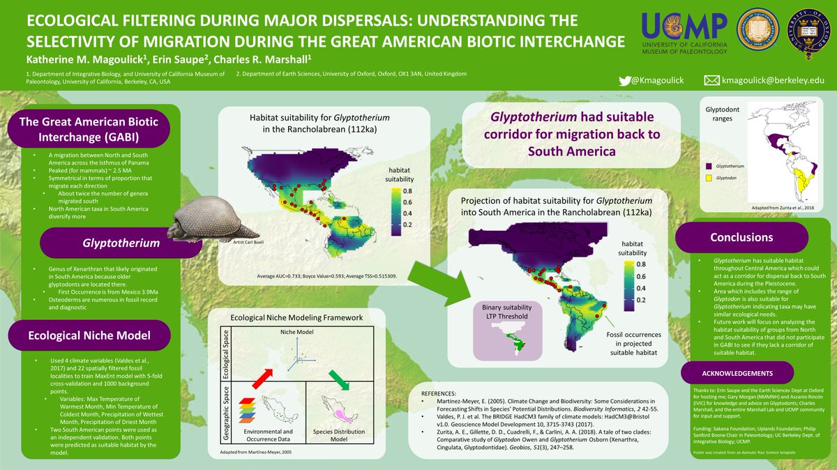 Sad to be missing out on in person #GSA2022 but you can check out my eposter on ecological niche modeling for Glyptotherium during the Great American Biotic Interchange.

Feel free to reach out with questions/comments/suggestions!