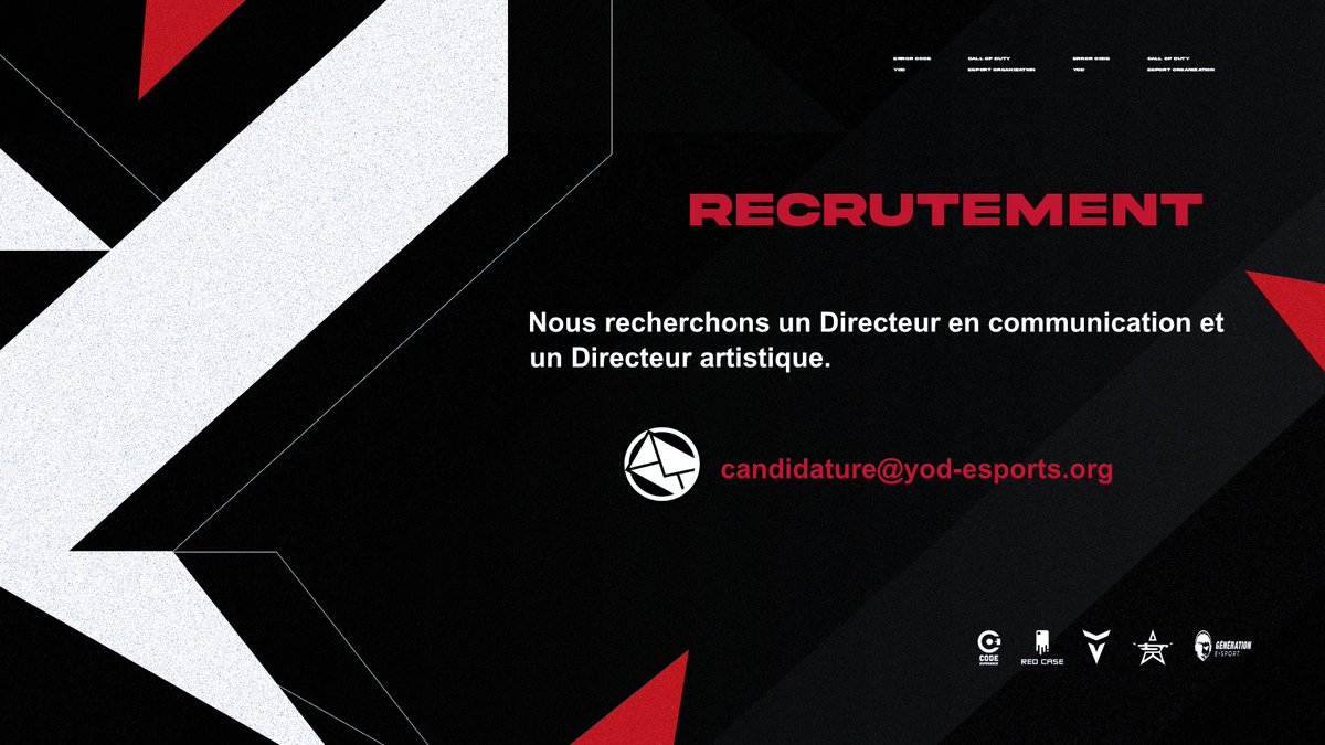 YoDeSports's tweet photo. 💎  [#Recrutement]

YoD eSports est à la recherche de staff expérimenté, motivé et compétent aux postes de Directeur en communication et Directeur artistique.
L'apprentissage est une étape possible au sein de notre Structure. 

 ✉  candidature@yod-esports.org https://t.co/AzCx7iH8Rt