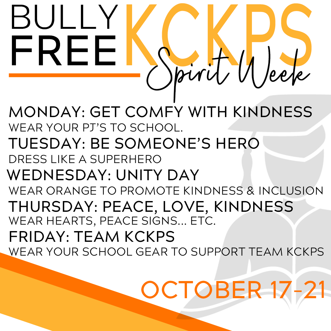 kckschools's tweet photo. Introducing the Bully Free KCKPS Spirit Week! Dress up all week to show you are #TeamKCKPS. Together, we can have a #BullyFreeKCKPS. https://t.co/7QHjfHwguo