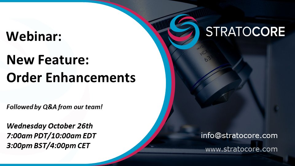 stratocore's tweet photo. 🚨New Feature Alert🚨 
Don't miss our October #webinar! We will be presenting our newly enhanced Orders features. Check your email or get in touch for more info!   
#corefacility #shareddresources #seeyouthere https://t.co/mfbMYQV1ue