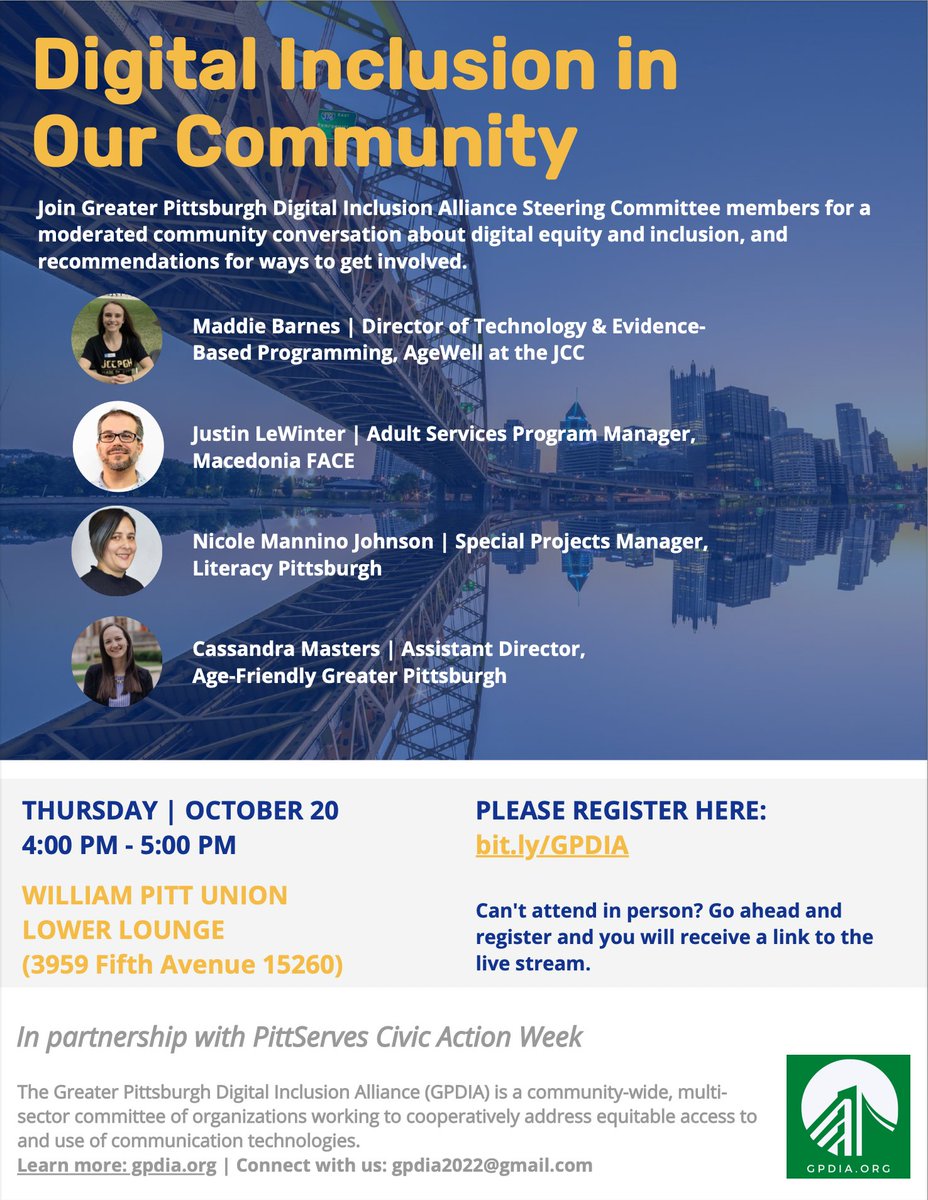 Join the Greater Pittsburgh Digital Inclusion Alliance this Oct 20th in Oakland for a community conversation about digital equity! Register today: bit.ly/GPDIA
