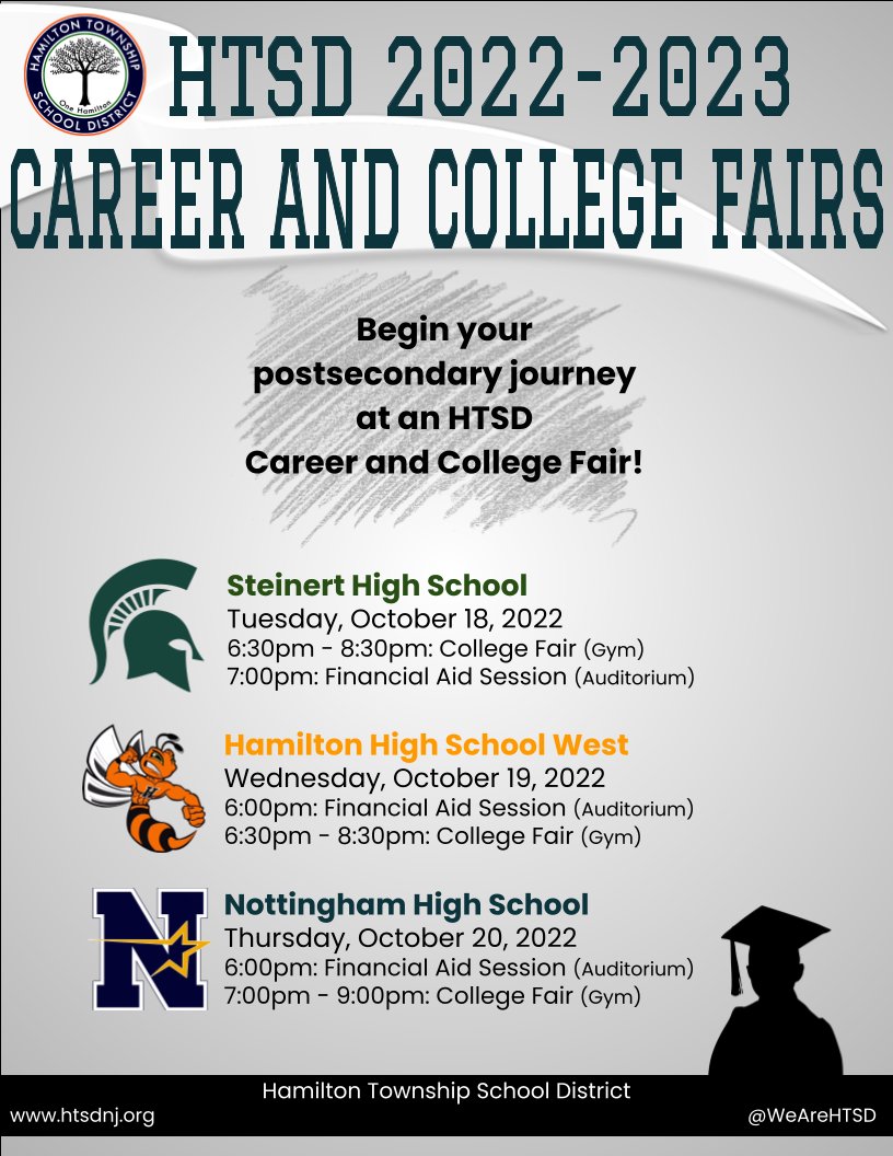 📣 Career and College Fairs at HTSD Join us for a Financial Aid discussion & Career & College Fairs 🎓 ▪️ @HTSD_Steinert Oct. 18th ▪️ @HTSD_West Oct. 19th ▪️ @HTSD_Nottingham Oct. 20th @ScottRRocco @HTSDSecondary @shsguidancenj @guidance @shsguidancenj @LauraGeltch #HTSD
