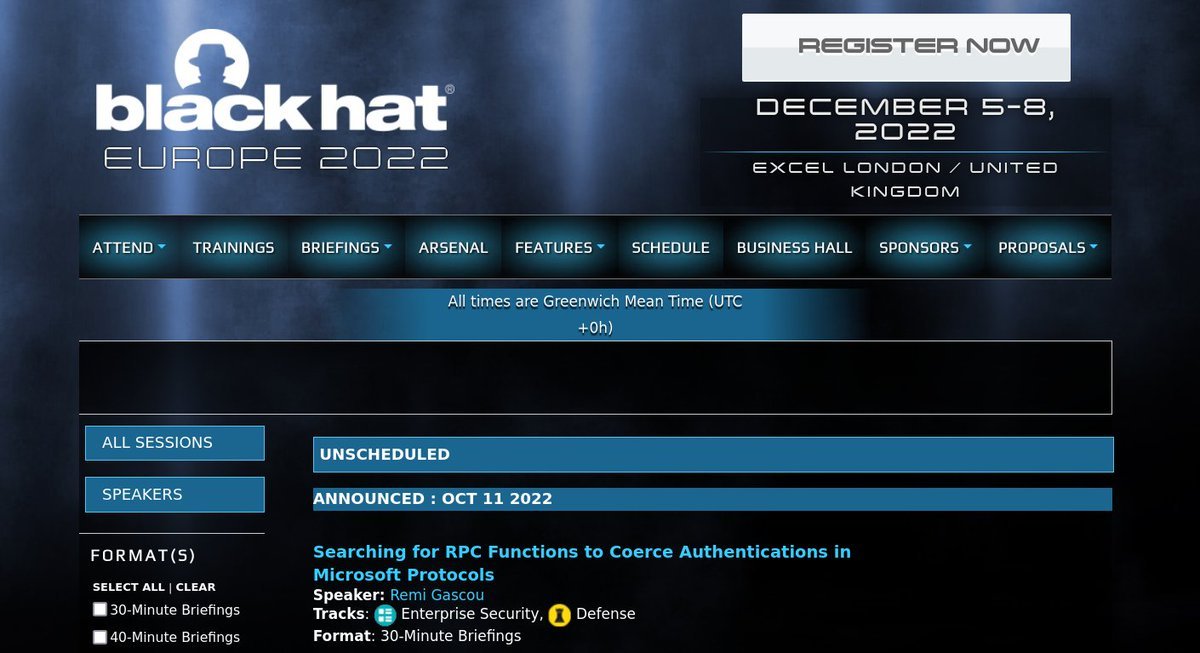 [#thread 🧵] I am very proud to announce that I will be giving a talk at <a href="/BlackHatEvents/">Black Hat</a> Europe 2022 (#BHEU) in London 7-8 December 🥳🎉

In this #talk, I'll demonstrate how to automate the search of Remote Procedure Calls (#RPC) to #coerce authentications on <a href="/Windows/">Windows</a> machines.