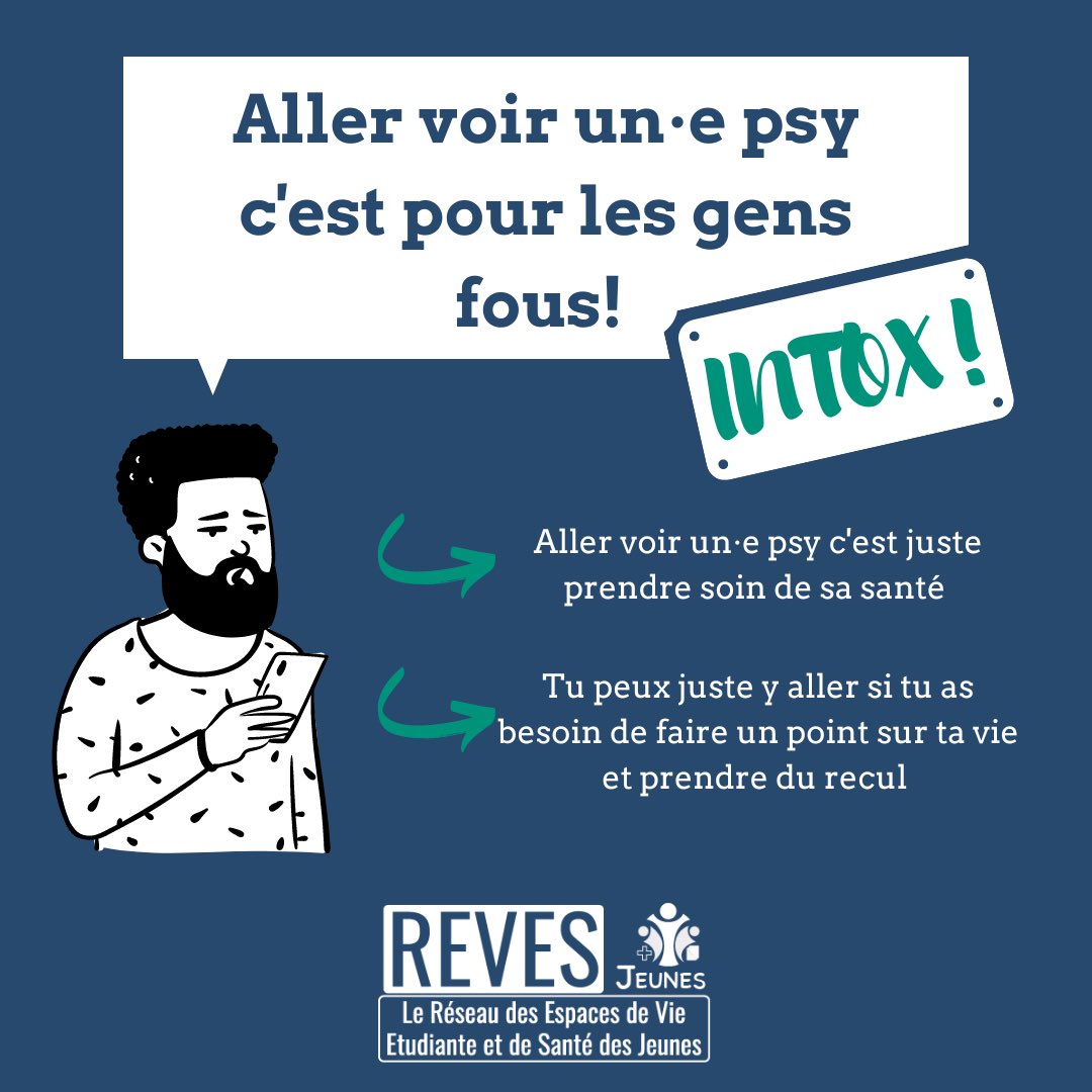 RevesJeunes's tweet photo. Aller voir un•e psy ne doit pas être une honte. Lever le tabou autour de la consultation psy, ça commence par démêler le vrai du faux. 

Pourquoi et comment être accompagné•e, trouver de l’aide,etc: Nous t’aidons à mieux comprendre avec notre article 👉🏿 https://t.co/dxnIzwT0lE https://t.co/EYXVajqRK3