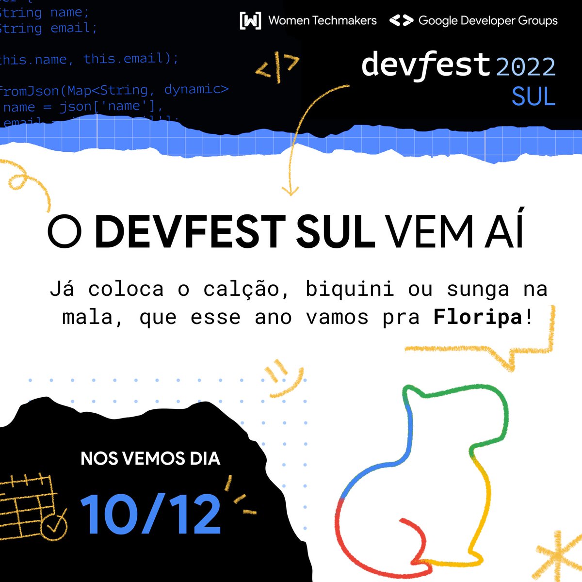 WTMCuritiba's tweet photo. SAVE THE DATE! 🎉preparem o kit praia e venham pro o lado litorâneo da força👙🩱🩲🩳
Dia 10/12 em Floripa☀️Sigam as redes sociais do evento!

Insta: https://t.co/ijpgTKyecg 
Twitter: https://t.co/pkWJOsBUYq

#devfestsul2022 #devfestsulfloripa #devfestsul #tech #dev https://t.co/XJl2qNqqB0