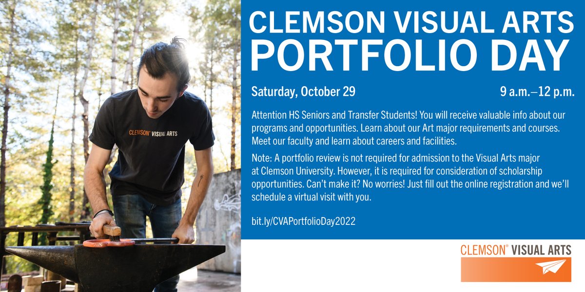 We are welcoming High School and Transfer students with an interest in Visual Arts to <a href="/clemsonuniv/">Clemson University</a>

CLEMSON VISUAL ARTS PORTFOLIO DAY
SATURDAY, OCTOBER 29, 2022
9 AM - 12 PM
We can't wait to meet all our potential new students!
#clemsonvisualarts