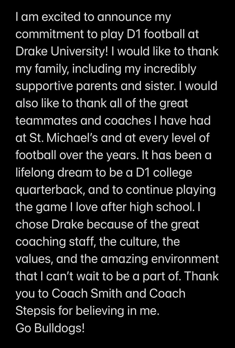 Carson Cruver (@carsoncruver) on Twitter photo I’m excited to announce my commitment to play D1 football at Drake University!
<a href="/DrakeBulldogsFB/">Drake Football</a>
@SMCA_Athletics <a href="/247Sports/">247Sports</a> <a href="/Rivals/">Rivals</a> <a href="/txqb/">Brian Thiebaud</a> <a href="/FlxAtx/">FLX ATX</a> I’m excited to announce my commitment to play D1 football at Drake University!
<a href="/DrakeBulldogsFB/">Drake Football</a>
@SMCA_Athletics <a href="/247Sports/">247Sports</a> <a href="/Rivals/">Rivals</a> <a href="/txqb/">Brian Thiebaud</a> <a href="/FlxAtx/">FLX ATX</a>