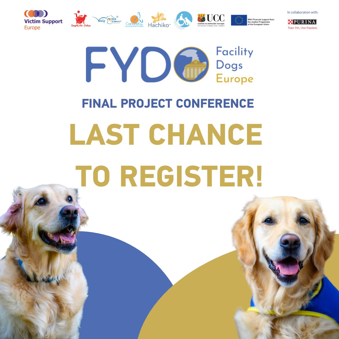 VictimSupportEU's tweet photo. Last chance to register for the FYDO final project Conference!
📆 18 October
📍Perm. Rep. of the Czech Republic to the EU (Brussels, 🇧🇪)
Register now! 👉 https://t.co/sBs4NlpEzl
#FacilityDogsEurope #SafeJusticeForVictims #facilitydogs #VictimSupportEU #EUVictimsRights https://t.co/FLHUuaoTT0