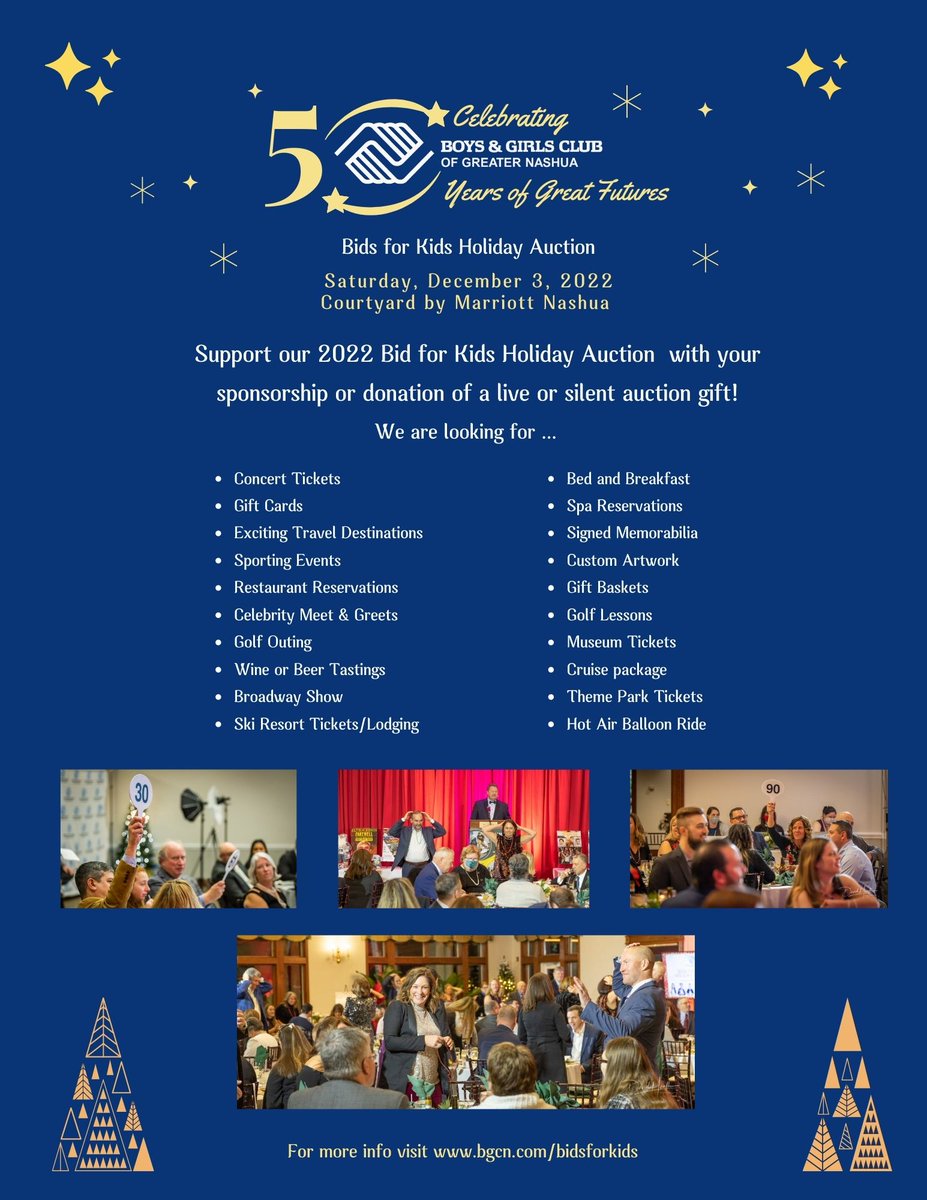 BGCGN's tweet photo. Help build great futures by supporting the Bids for Kids Holiday Auction with your sponsorship or donation of live or silent auction items! โจ @
#bidsforkids #holidayauction #spreadthejoy #buildgreatfutures #boysandgirlsclub #bgca #greaternashuachamber #50thyearcelebration #๐ https://t.co/kGRMNpLQ2k