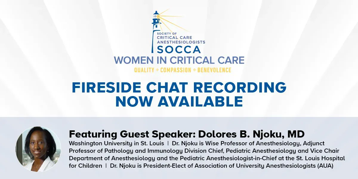 Did you miss last month's Fireside Chat with Dolores B. Njoku, MD? | The recording—along with many more resources for Women in Critical Care— is now available on demand. Visit: buff.ly/3ErPrP2 @shahlasi @MayHuaMD @STLChildrens @WUSTLmed @AUA_Anesthesia