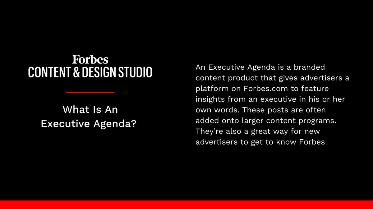 Forbes_Studio's tweet image. Connect to your target audience by featuring insights from one of your executives on @Forbes.com with @Forbes_Studio&apos;s Executive Agenda. Here&apos;s all you need to know about one of our newest content solutions.

#Forbes #ThoughtLeadership #ForbesContentMarketing