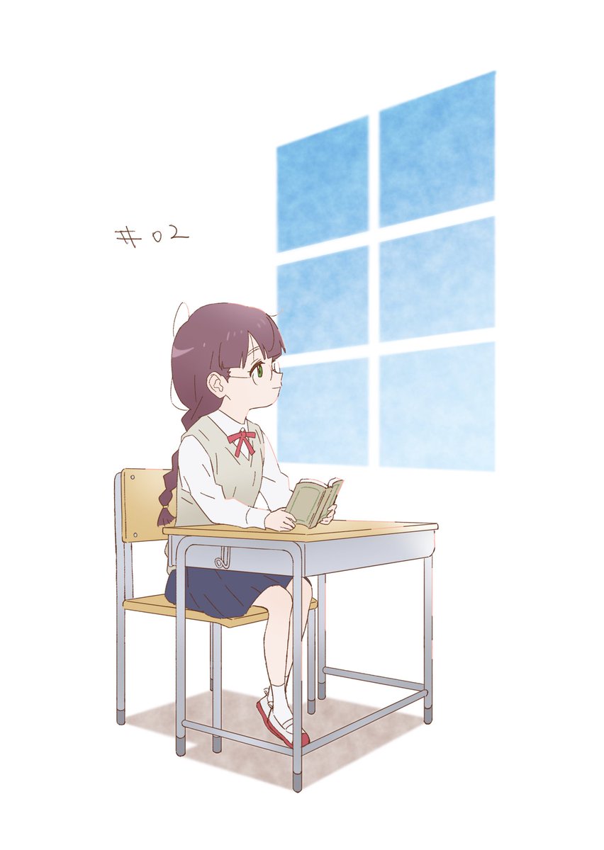 1girl solo sitting chair braid book school uniform  illustration images