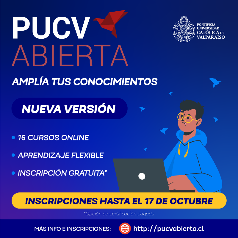 📚La <a href="/pucv_cl/">PUCV</a> invita a participar de la 12ª versión de PUCV Abierta, iniciativa que ofrece cursos online, masivos y gratuitos. Se han preparado 16 cursos virtuales que estarán disponibles entre el 17 de octubre y el 27 de noviembre. 
¡Inscríbete👉bit.ly/3CvzGG6