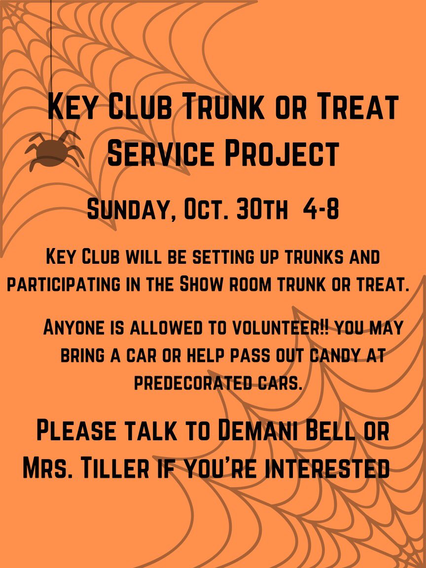 bchs_key's tweet photo. Fun fall service opportunities are going at BCHS Key Club! Join us for Trunk or Treat or a Pumpkin Carving Contest! @KiwanisDanville @BigRebelNation https://t.co/mor4C3OVfM