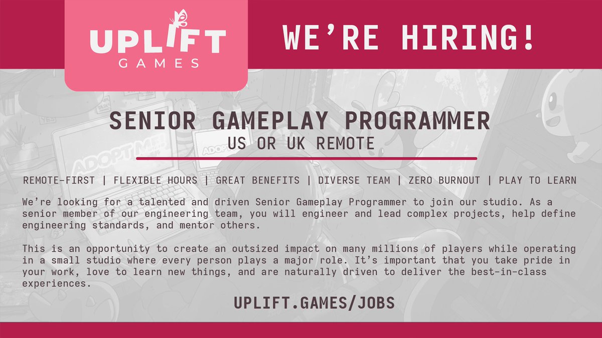 We have an exciting opportunity for a Senior Gameplay Programmer here at Uplift 💻 If you're skilled, motivated, and looking for remote opportunities, we'd love to hear from you 🙌 More info on our website - uplift.games/careers/senior…