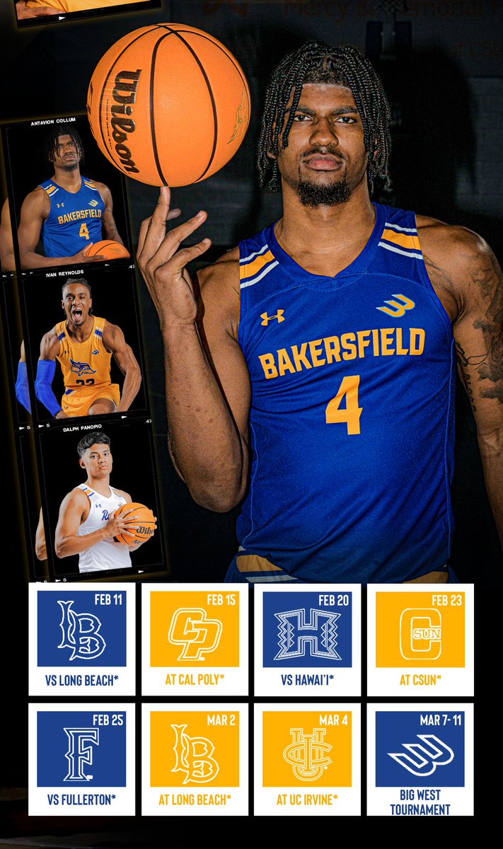 CSUB_MBB's tweet photo. 2022-23 Schedule is Final!

Highlights of the Non-Conference:
November 11th: @UtahMBB 
December 6th: @SanJoseStateMBB
December 20th: @FresnoStateMBB 

Get your season tickets today! Call (661) 654-BLUE (2583)

#TeamBelieve #UP https://t.co/2se7xYAhd0