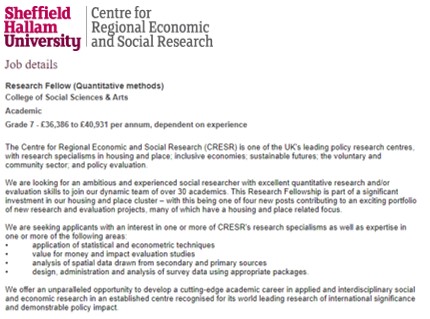 We have a new permanent Research Fellow post @CRESR_SHU for someone interested in quantitative methods, applied policy research and evaluation. Especially suit people interested in research on disadvantaged people & places, housing, regeneration. bit.ly/3es4H62 Pls RT
