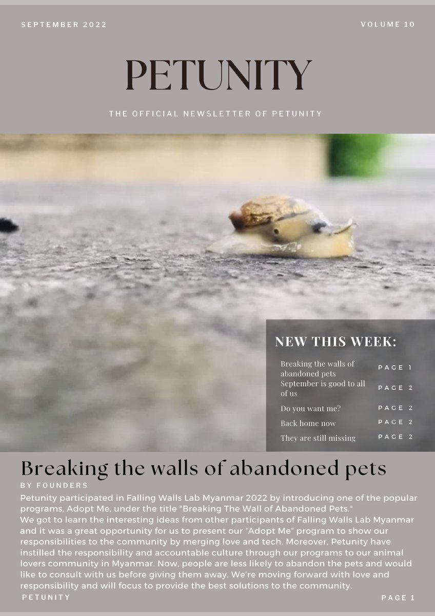 Petunitymm's tweet photo. Petunity September Newsletter is out now.
Subscribe below to get our monthly newsletter in a clearer and better readable format.
https://t.co/nCOio8ABcr
Petunity
Sharing One World
https://t.co/J4x3wwldC5
#Petunity #Newsletter #Myanmar #September #Love #AdoptMe #SharPonTaw https://t.co/uWTYZY05WU