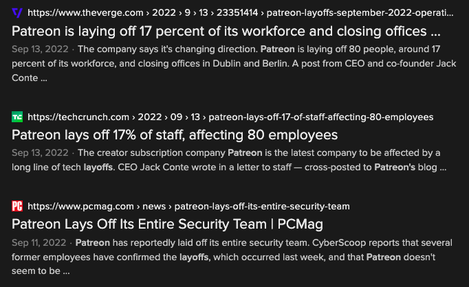 Derfious's tweet image. Huh. Just saw these job listings one month after @Patreon laid off some of its devs.
#Patreon #layoffs