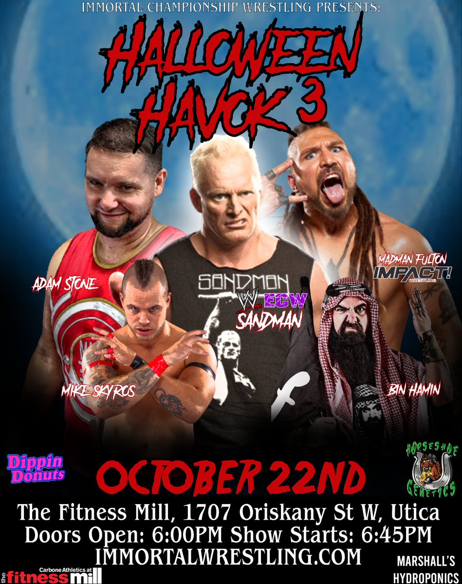 ImmortalCW's tweet photo. Only a week and half until #HalloweenHavok3 at The Fitness Mill in Utica, NY! Featuring #ECW Original Sandman, Madman Fulton, and much more! Tickets available at 16 Stone Brewpub on LiveIt Downtown Utica, Marshall's Hydroponics in Rome, and at https://t.co/w2C2YT1r0h https://t.co/gvHAuoeg31