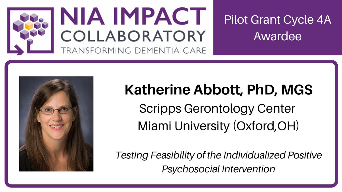 Announcing IMPACT's newest Pilot Grants awardee @KatyAbbottPhD @ScrippsAging! Congrats on receiving funding for the study 'Testing the Feasibility of the Individualized Positive Psychosocial Intervention'. More: bit.ly/3Vxld5w @abbrody @kathleenunroe @miamiuniversity