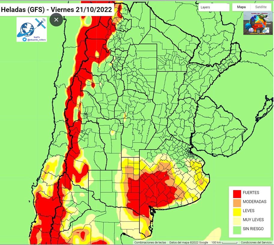 eduardo_rollero's tweet photo. Además de la #helada del domingo 9, y éste viernes 14, hay pronósticos para el viernes 21 y sábado 22 , según modelo GFS salida 00Z 12/10/2022. Revisar su póliza, cobertura, etc. #seguros #siniestralidad #Forecast #GFS #Frost #Risk #damages #Crops #Wheat #Barley #GEE #EarthEngine https://t.co/PNjtOAojwg