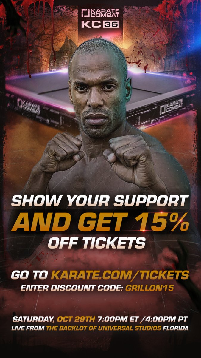 Come down to The Backlot of Universal Studios Orlando on October 29th to see me fight in the pit!

Visit tickets.karate.com and use promo code X to get 15% off your tickets or watch live on karate.com