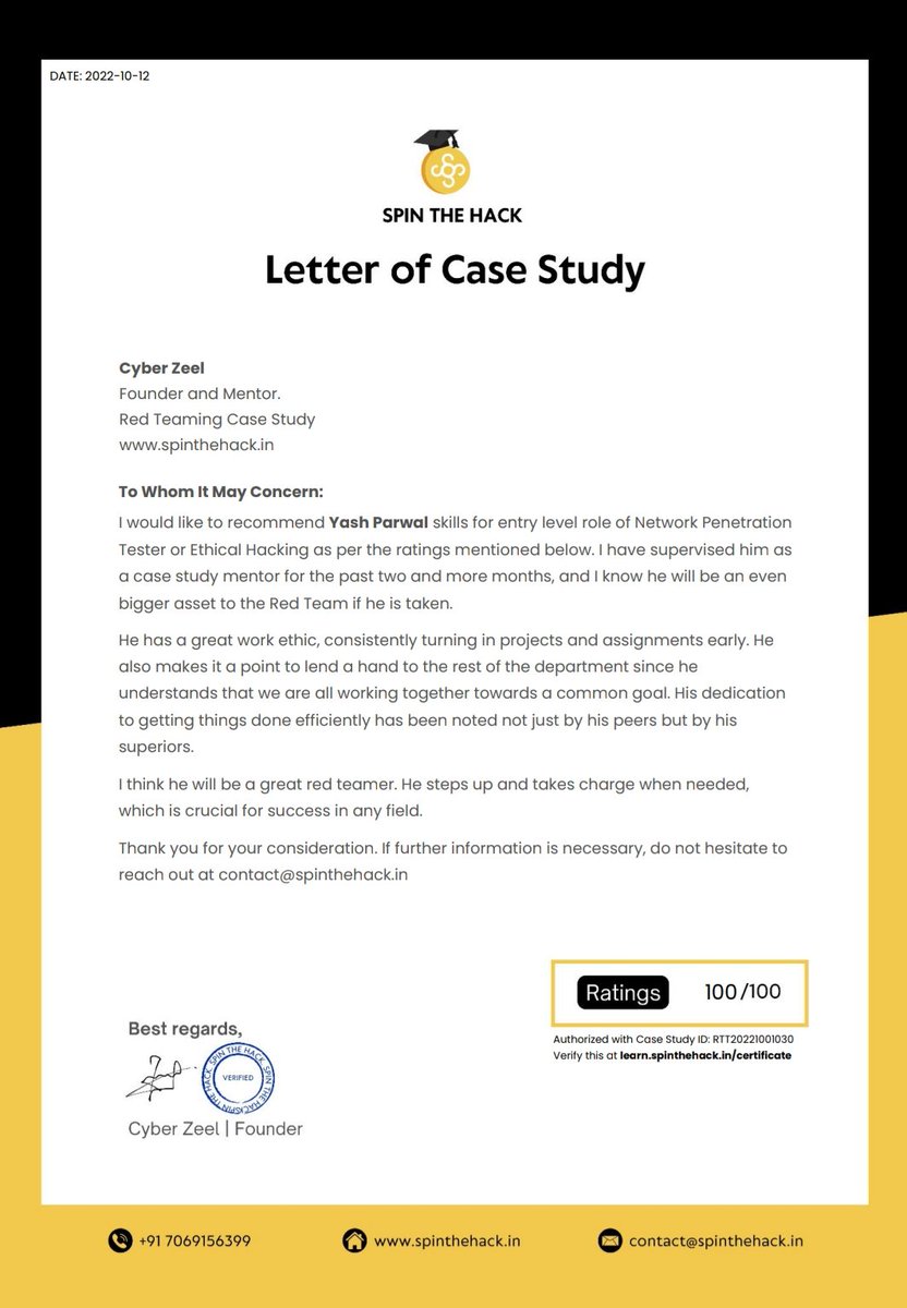 YashParwal1's tweet photo. Got Internal Network Penetration Testing Certificate from @spinthehack , @thecyberzeel on completing #redteamtraining . Also got a case study letter for submitting a pentest report for a real world industry problem.
#cybersecurity #spinthehack #bugbounty #infosec https://t.co/Wz2rogNlCQ