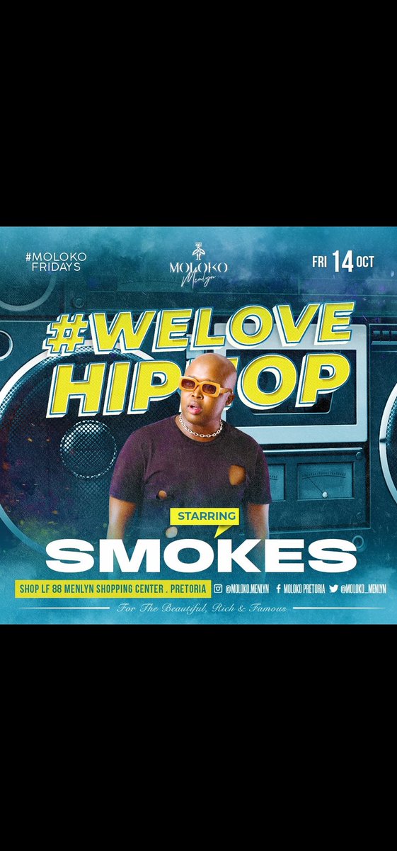 ElementfoulS's tweet photo. #MolokoFridays brings you #WeLoveHipHop with 

@Speedstabro
@sbokhuzy
@djmilkshake
@kyotic
@djyeankeyz
@djcapital90
@poizondj
@stilomagolida
@tayflavour_

HOSTED BY @Bas | @Dreamville 🇺🇸

DOORS OPEN @ 23:00 | DRESS TO KILL 👞 👗

#MolokoMenlyn #MolokoIsTheBest #MolokoVibes https://t.co/4wmUgSzGlV