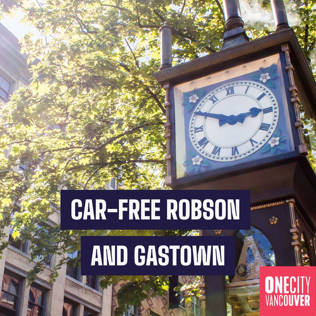 OneCityVan's tweet photo. In our platform, we announced an ambitious plan to create a network of car-free and car-lite streets across the city.
Today, we're announcing the first pilot projects in that plan: a car-free Robson Street and Gastown. https://t.co/FEgqCT4Cu4